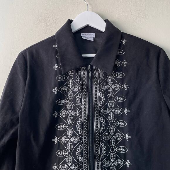 Bon Worth Black Long Sleeve White Floral Embroidery Zip Up Collared Jacket - MP - Picture 6 of 11